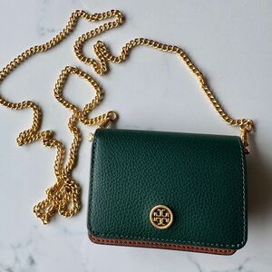 Tory Burch Walker Nano Green Leather Gold Chain Wallet